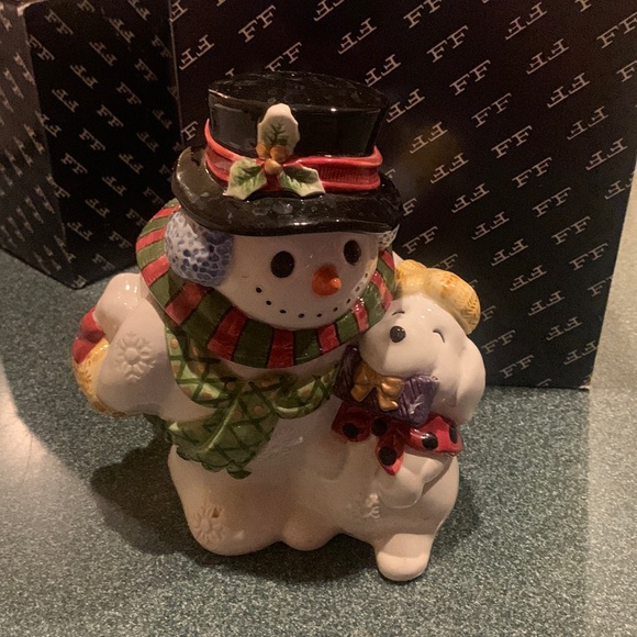 Frosty Folks Snowman Puppy Candy Jar Fitz and Floyd - Picture 1 of 3